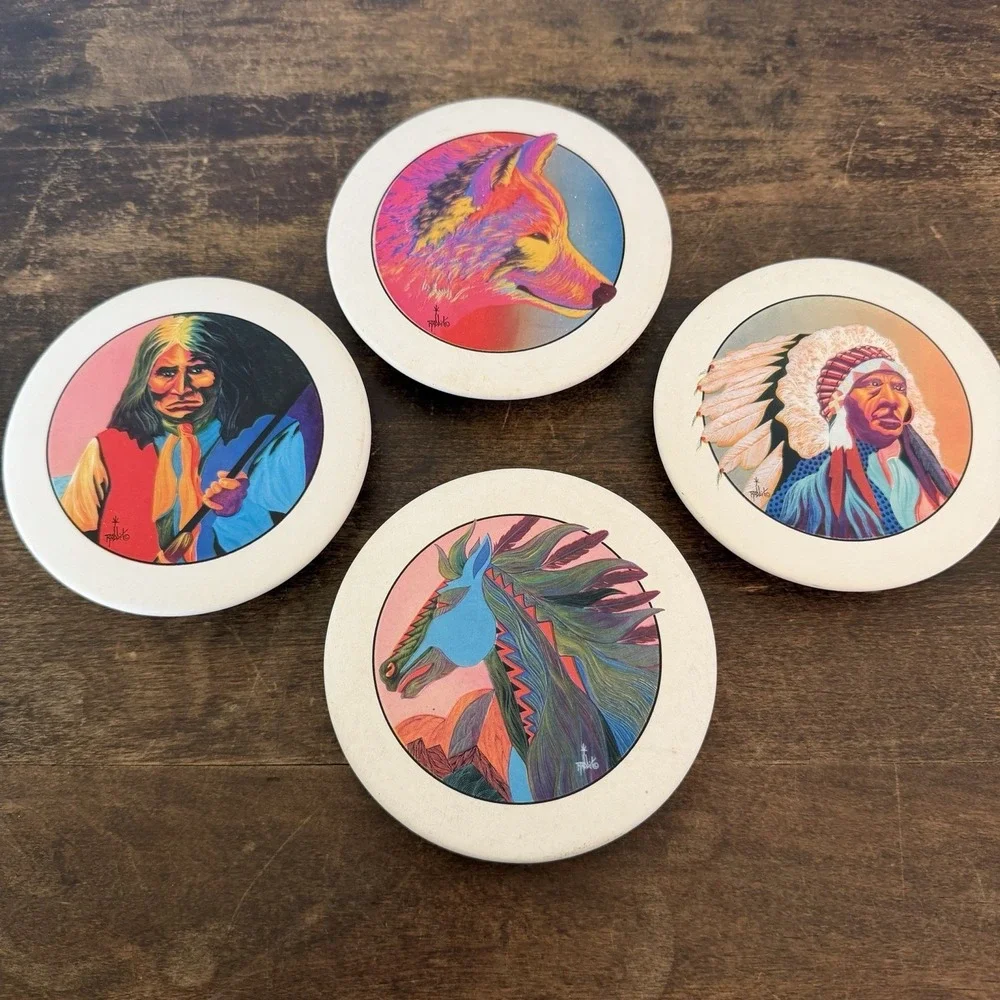 Vintage Bill Rabbit Native American Contemporary Art Ceramic Coaster Set